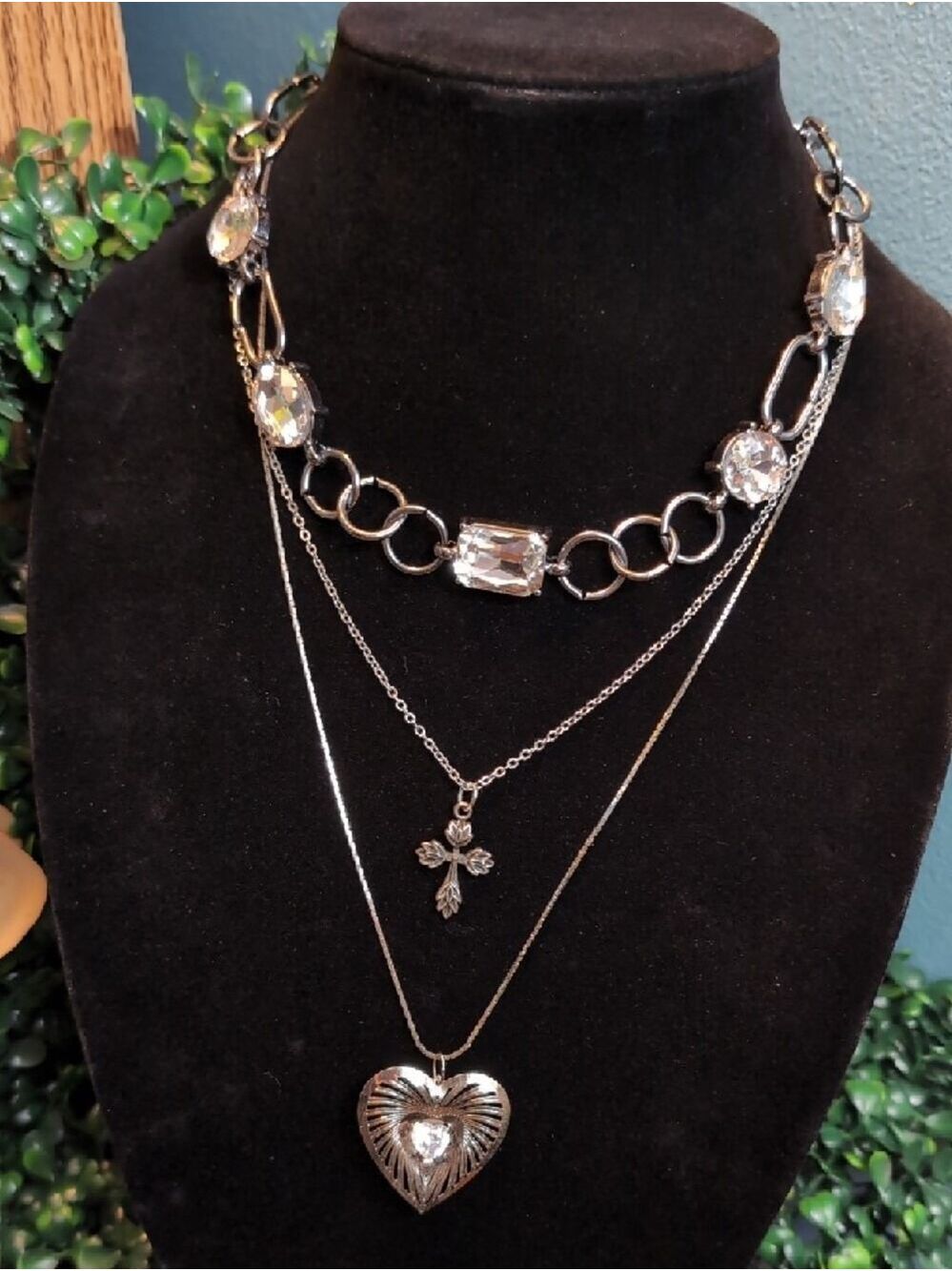 Trio Of Chunky Crystal, Silver Heart & Cross Necklace Collection